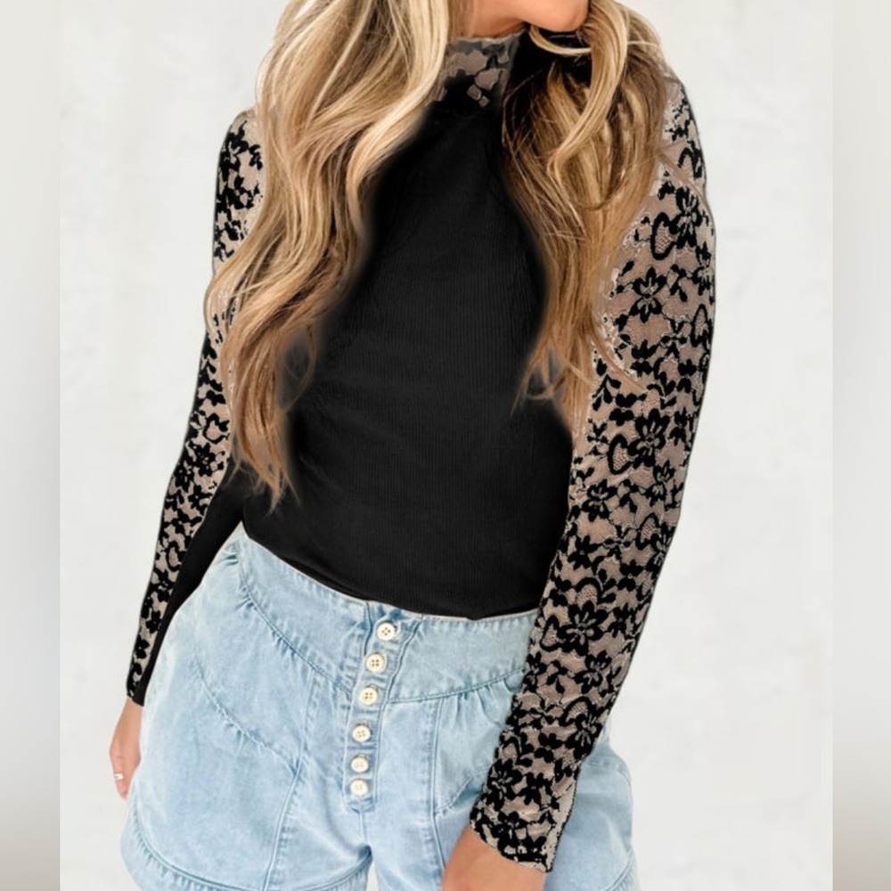 Black Lace Sleeve Women's Top
